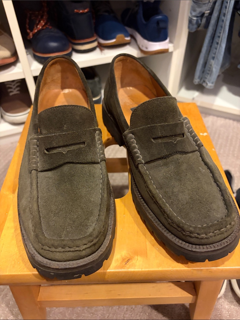 Bally Olive Green Suede Penny Loafers